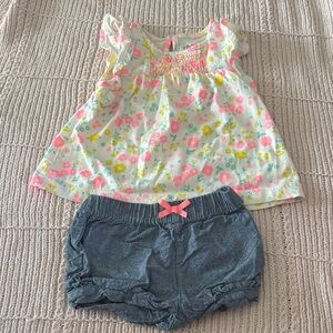 Child of Mine Floral Top and Denim Shorts Set - Pink, Yellow, Blue